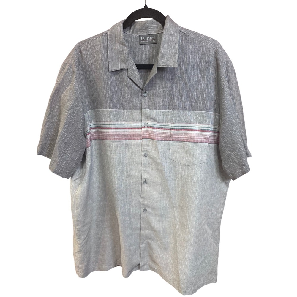 Vintage Triumph of California Men XL Grey Striped Short Sleeve Button Down Shirt